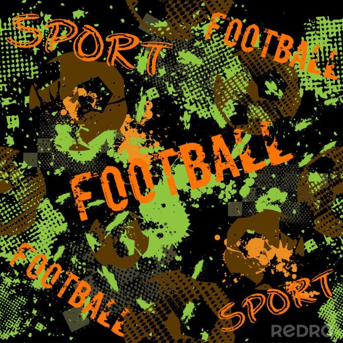 Fotobehang Abstract naadloos voetbalpatroon voor jongens. Sport voetbal patroon. De sport stedelijke achtergrond van Grunge met voetbalbal. Sportbehang op zwarte achtergrond met veelkleurige vlekken. Herhaald pa