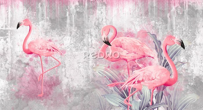 Fotobehang Abstract patroon met flamingo's op betonnen achtergrond
