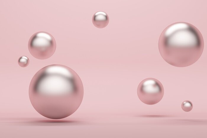 Fotobehang Abstract pink background with metallic flying spheres. 3d rendering