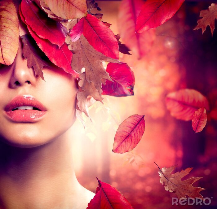 Fotobehang Abstract portret van een vrouw met bladeren