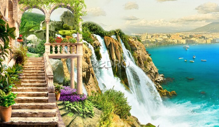 Fotobehang Abstract uitzicht met een kasteel en een zeegezicht