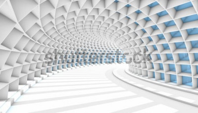 Fotobehang Abstracte 3D witte tunnel met blauwe rechthoeken.