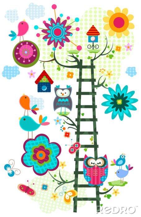 Fotobehang Abstracte afbeelding met een ladder van vogels en bloemen