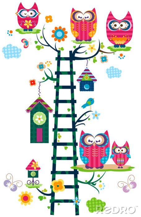 Fotobehang Abstracte afbeelding met uilen en een ladder