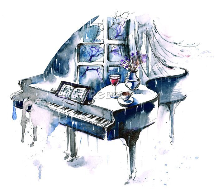 Fotobehang Abstracte blauwe piano op een witte achtergrond