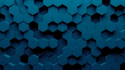 Fotobehang Abstracte hexagon geometrie achtergrond. 3D render van eenvoudige primitieven met zes hoeken vooraan. Donkere verlichting.