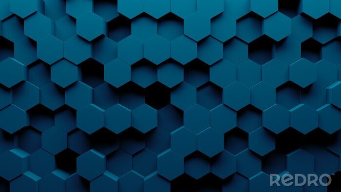 Fotobehang Abstracte hexagon geometrie achtergrond. 3D render van eenvoudige primitieven met zes hoeken vooraan. Donkere verlichting.