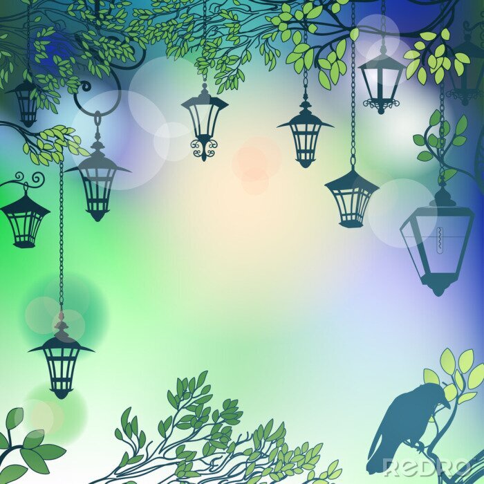 Fotobehang Abstracte lantaarns aan de bomen