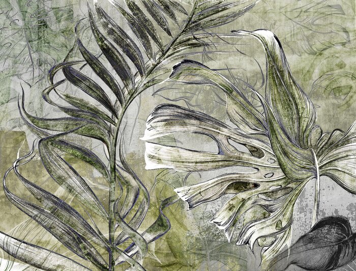 Fotobehang Abstracte tropische bladeren op beton