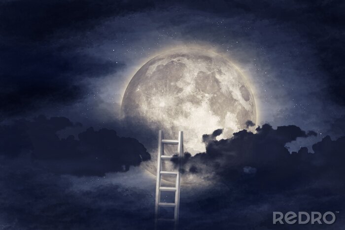 Fotobehang Abstracte visie met een ladder om naar de maan te klimmen