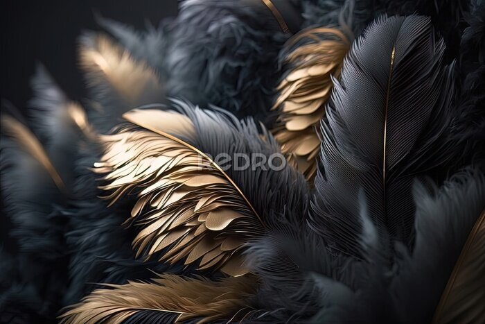 Fotobehang Abstracte zwarte en gouden 3D veren