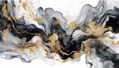 Fotobehang Abstracte zwarte witte en gouden linten