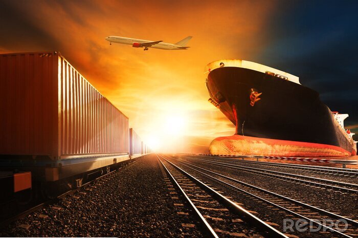 Fotobehang Abstractie trein schip en vliegtuig