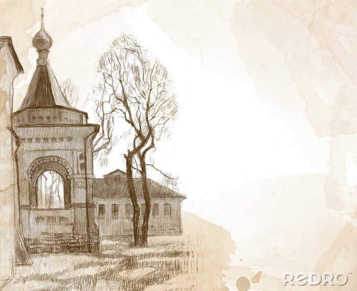 Fotobehang Achtergrond met de schets van de kerk