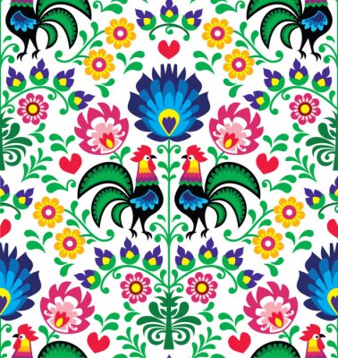 Poster Afbeelding met een Łowicz-ornament met hanen.