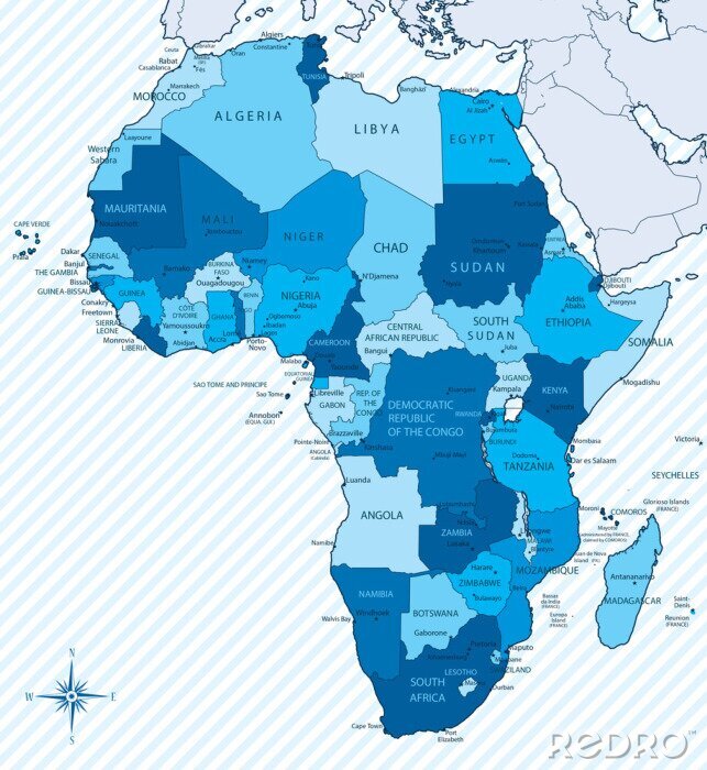 Fotobehang Afrika kaart blauw met landen en steden