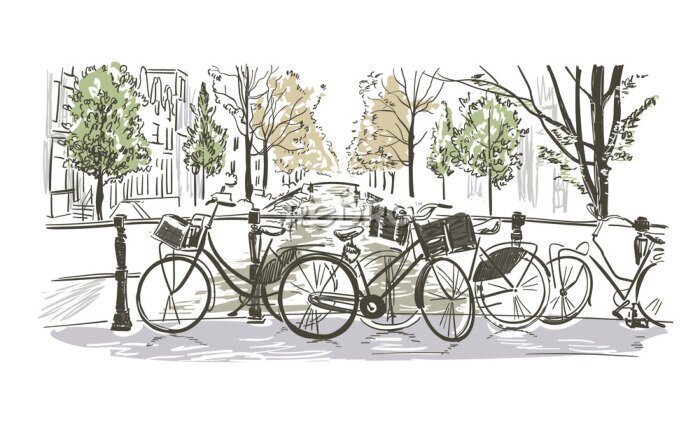 Fotobehang amsterdam bicycles vector illustration sketch watercolor sketch