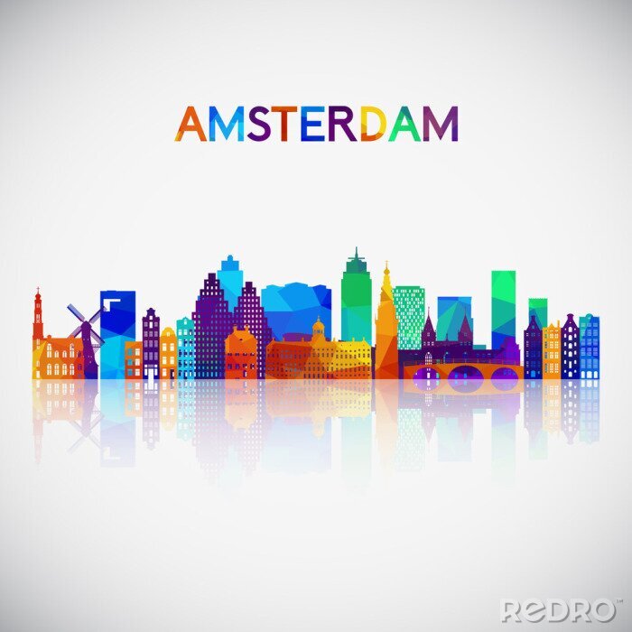 Fotobehang Amsterdam skyline silhouette in colorful geometric style. Symbol for your design. Vector illustration.