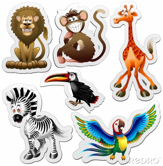 Fotobehang Animali Giungla Adesivi Stickers Jungle Dieren Pictogrammen Vector