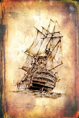 Fotobehang antieke boot zee motief tekenen handgemaakt