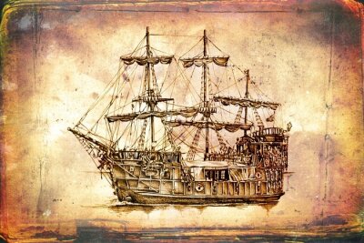 Fotobehang antieke boot zee motief tekenen handgemaakte