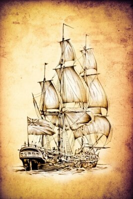 Fotobehang antieke boot zee motief tekenen kunst