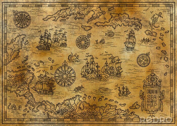 Fotobehang Antieke zeekaart met schepen