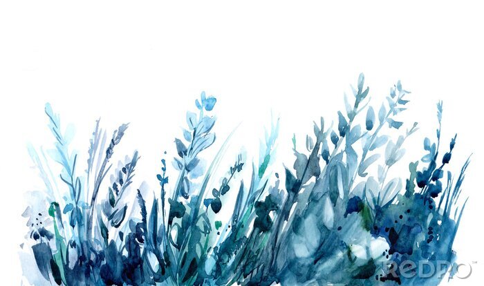Fotobehang Aquarel bladeren en kruiden in blauwe tinten