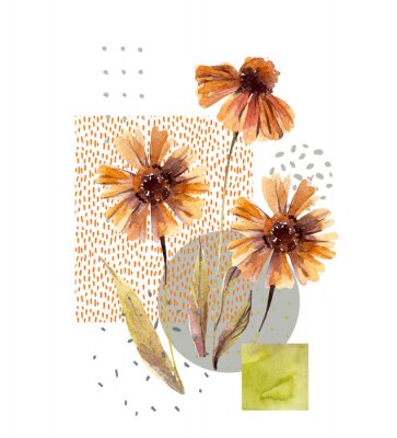 Aquarel bloemen en bladeren, cirkel, vierkante vormen, minimale doodle texturen