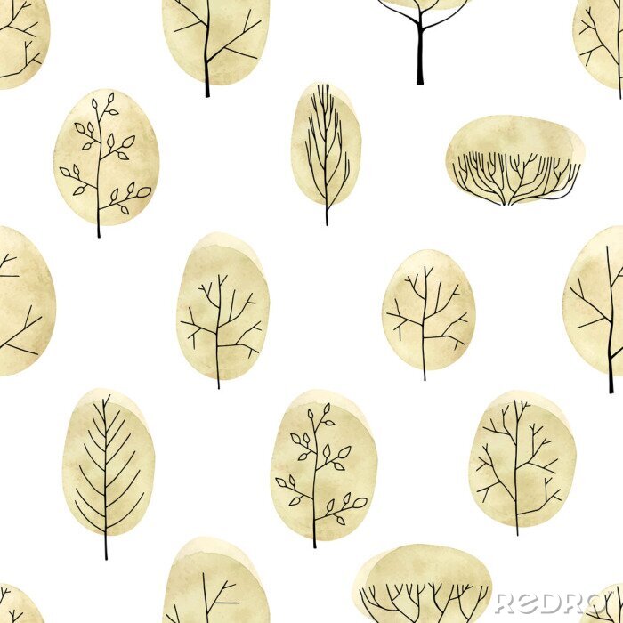 Fotobehang Aquarel bomen naadloze patroon op witte achtergrond