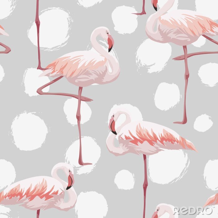 Fotobehang Aquarel flamingo's op een gestippelde achtergrond