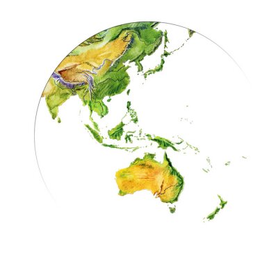 Aquarel geografische kaart van de wereld. Fysieke kaart van de wereld. Fragment. Azië, Australië, Indonesië. Realistisch beeld. Geïsoleerd op witte achtergrond