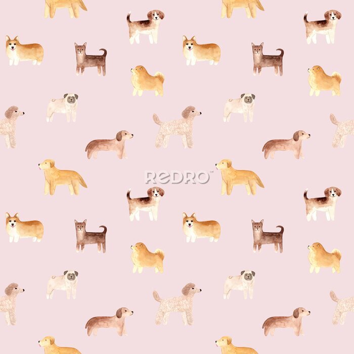 Fotobehang Aquarel honden op roze achtergrond