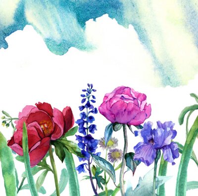 Fotobehang Aquarel irissen en pioenrozen