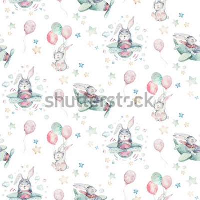 Fotobehang Aquarel konijntjes met ballonnen