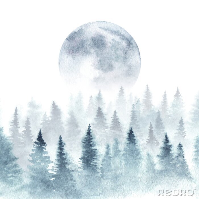 Fotobehang Aquarel landschap met de maan boven de boomtoppen