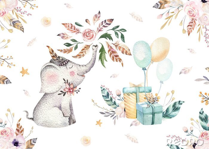 Fotobehang Aquarel olifant bloemen en geschenken