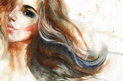 Aquarel schoonheid jonge vrouw. Hand getekend portret van meisje. Schilderij mode illustratie op witte achtergrond