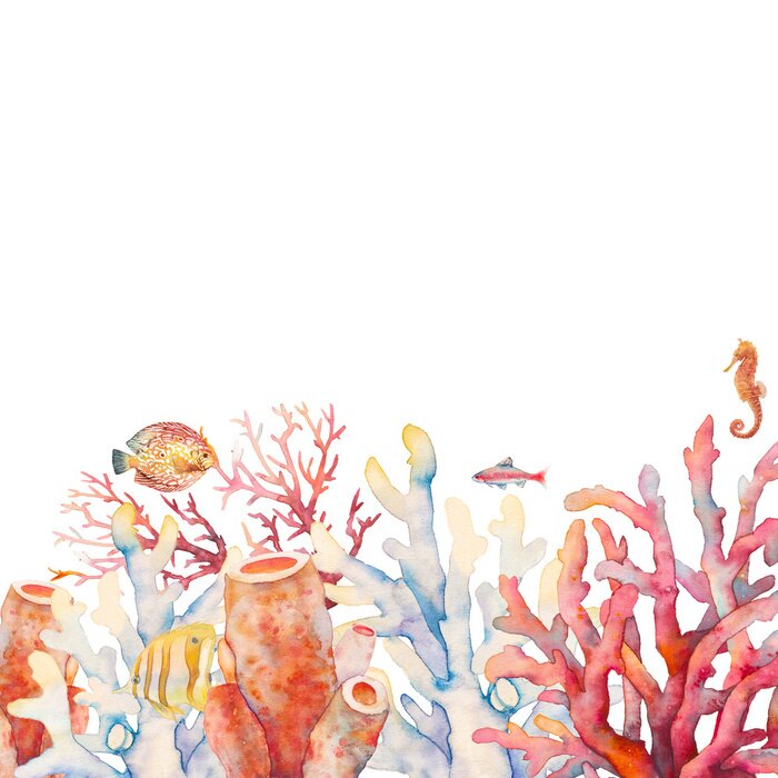 Fotobehang Aquarel van rood koraalrif