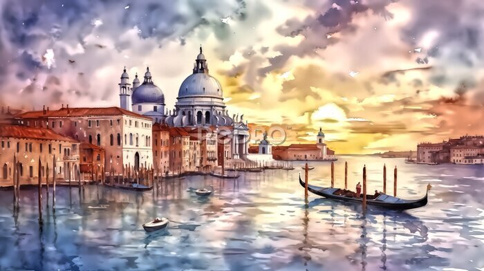 Fotobehang Aquarel van Venetië tegen de achtergrond van een zonsondergang
