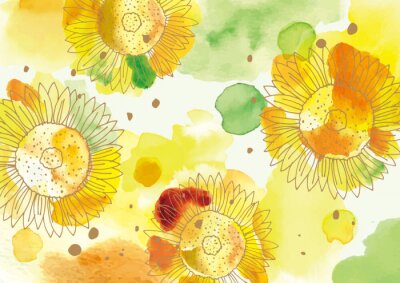Fotobehang Aquarel vlekken op zonnebloemen