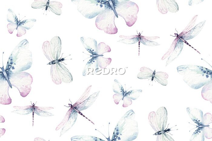 Fotobehang Aquarel vlinders en libellen op witte achtergrond