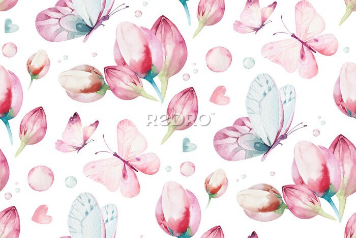 Fotobehang Aquarel vlinders tussen bloemen op witte achtergrond