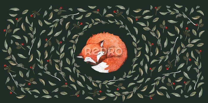 Fotobehang Aquarel vos tussen bladeren op zwarte achtergrond