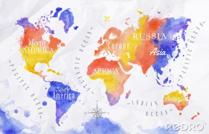 Fotobehang Aquarel wereldkaart rood paars