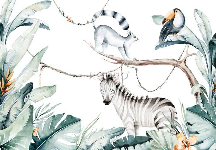 Fotobehang Aquarel zebra in de jungle