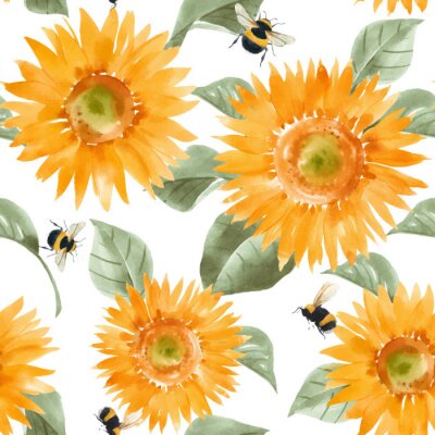 Fotobehang Aquarel zonnebloemen en bijen