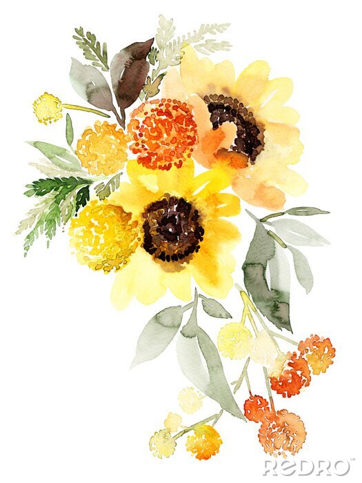 Fotobehang Aquarel zonnebloemen van herfstkleuren
