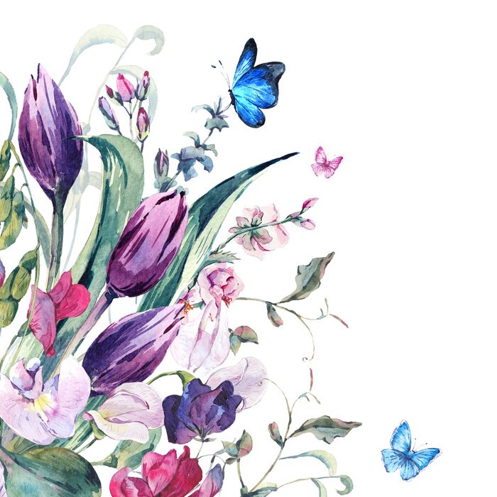 Fotobehang Aquarelboeket met een vlinder