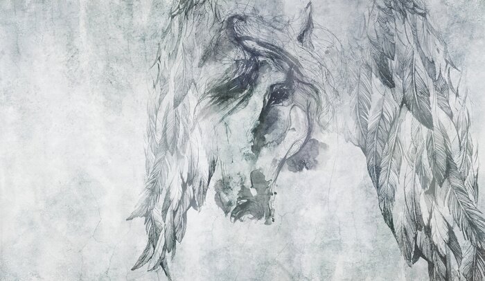 Fotobehang Aquarelpaard met veren in grijstinten